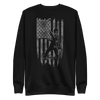 Men's Fishing USA logo on a black sweatshirt from the Brand River to Ridge Clothing, featuring a man fly fishing in a river with the USA American flag in the background