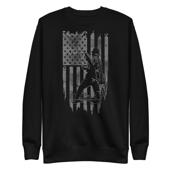Men's Fishing USA logo on a black sweatshirt from the Brand River to Ridge Clothing, featuring a man fly fishing in a river with the USA American flag in the background