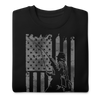 Men's Fishing USA logo on a black sweatshirt from the Brand River to Ridge Clothing, featuring a man fly fishing in a river with the USA American flag in the background