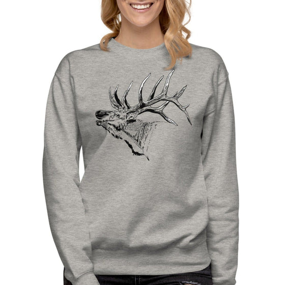Woman in pullover with elk on it in grey from River to Ridge Apparel