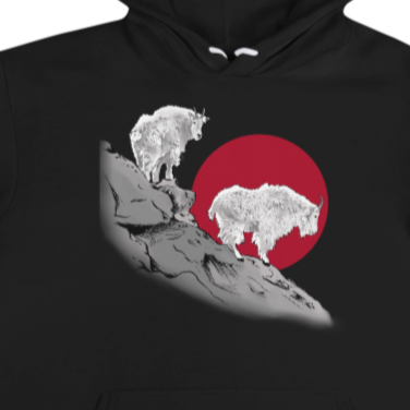 Unisex Hoodie from River to Ridge Clothing Brand featuring a Mountain Goat Logo with 2 goats on a ledge / cliff with a red sun behind them.