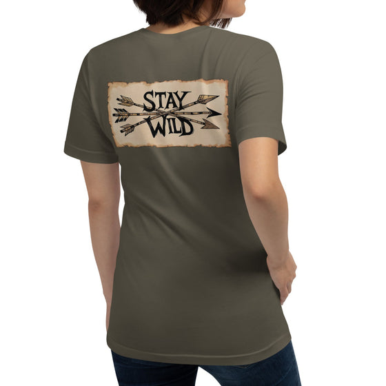 Women's Stay Wild Archery Back Print T, Ox Blood, Army or Brown