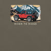 Red Jeep Wrangler graphic on a brown background with 'River to Ridge' text