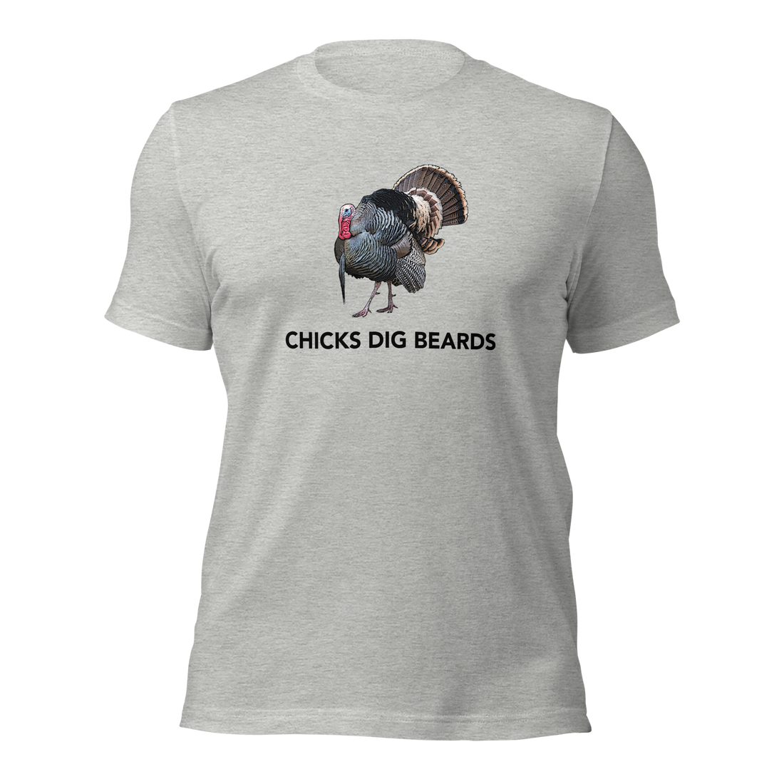  Mens funny shirt that says Chicks Dig Beards with a long beard gobbler turkey on it strutting, drawing and shirt in grey