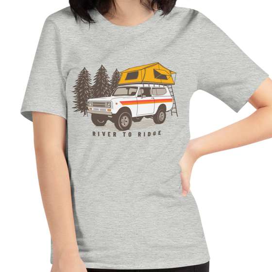 Womens offroad t from River to Ridge Clothing Brand featuring a vintage scout truck with a tent on top camping in the forest in grey