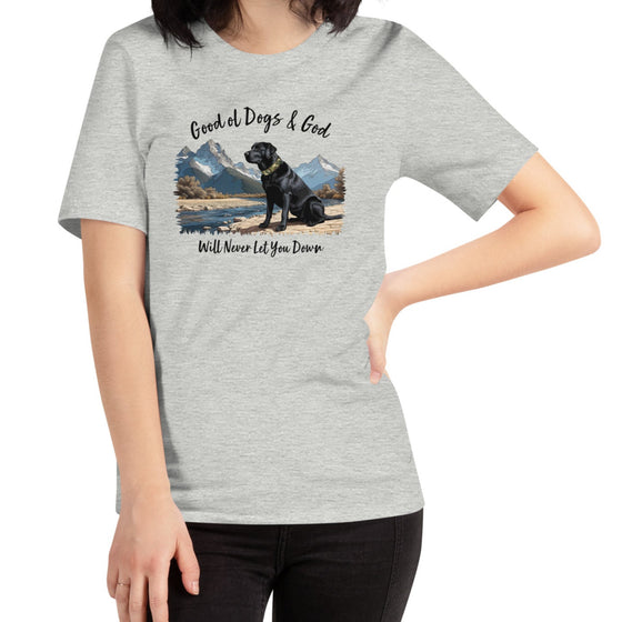Product mockup of a Black Lab Logo T shirt from River to Ridge Clothing that says Good Ol Dog and God will never let you down