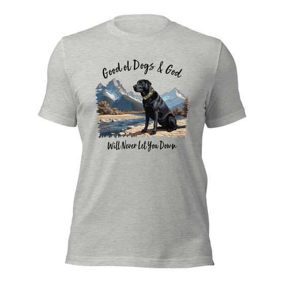 Product mockup of a Black Lab Logo T shirt from River to Ridge Clothing that says Good Ol Dog and God will never let you down