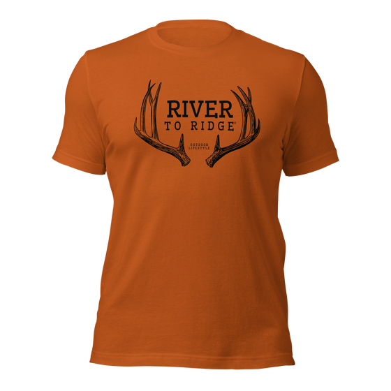 River to Ridge Clothing Brand Mule Deer Antler Logo T shirt for Men in orange