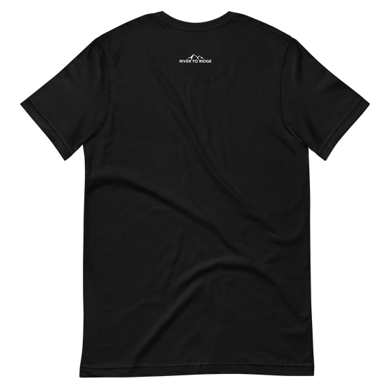 Product mockup of the back of a black t shirt