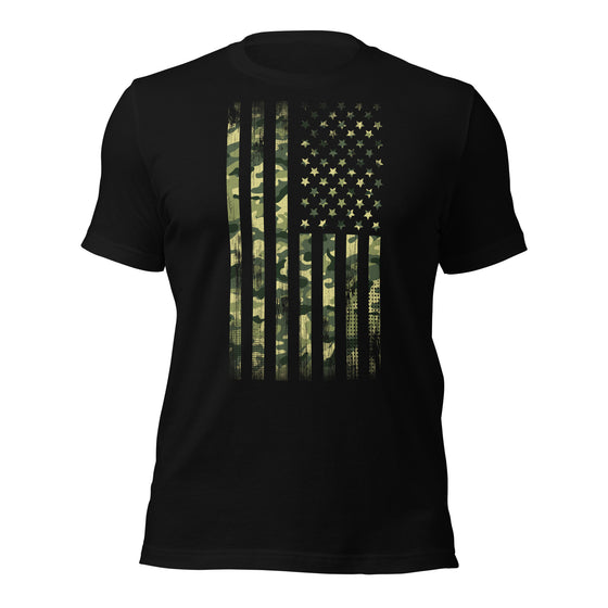 Men's T Shirt in black with Camo USA Flag - from River to Ridge Clothing Brand