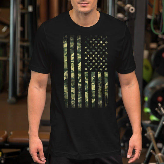 Man at Gym in T Shirt with American Flag in Camouflage from River to Ridge Brand