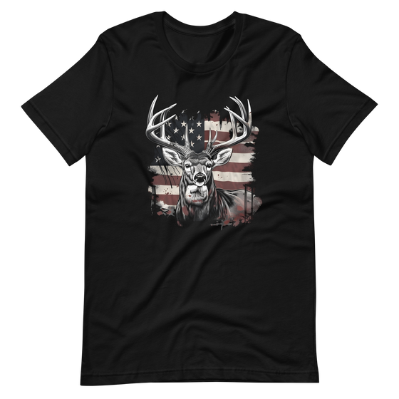 River to Ridge Clothing Brand mock up of Whitetail T shirt with USA flag in background. Black T 