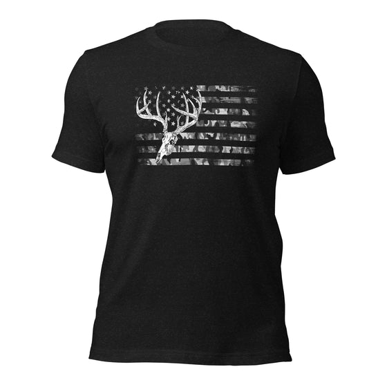 Mens t shirt form in black with a whitetail deer skull and antlers taxidermy on a camo flag