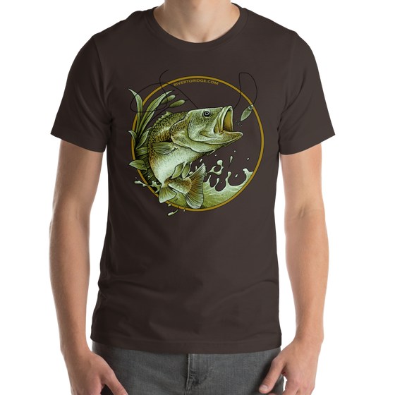 Man wearing a River to Ridge Brand Bass Fishing Logo t with a bass after a lure