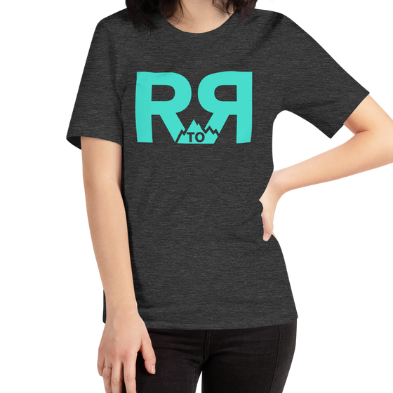 River to Ridge Logo T Shirt in teal and grey worn by a woman 