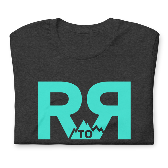 River to Ridge Clothing Brand Womens T shirt in charcoal grey and Teal with 2 R's and a mountain in between with TO on it