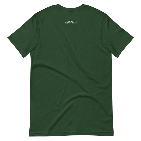 River to ridge logo on the back of a t shirt small on upper back and shirt is in green