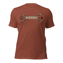  Product mockup of a River to Ridge Mens BOWHUNT T Shirt with traditional recurve bow arrows and the word bowhunt