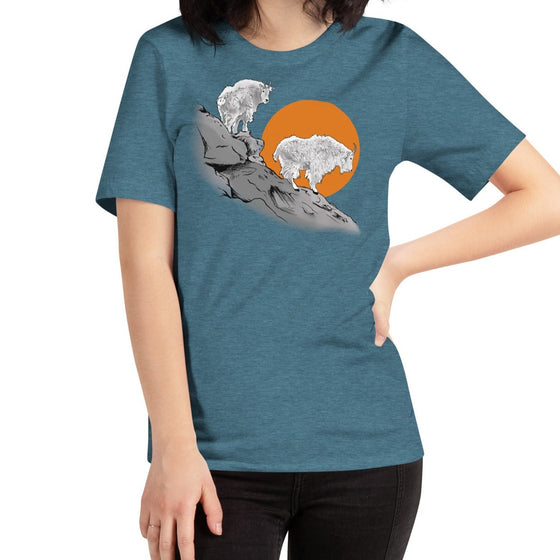woman with dark hair wearing a turquoise t shirt with mountain goats on it standing on a cliff