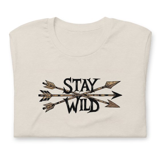 Product mockup of a River to Ridge Clothing Brand T Shirt for Women with the Stay Wild Archery Bowhunting Logo on it with traditional african arrows