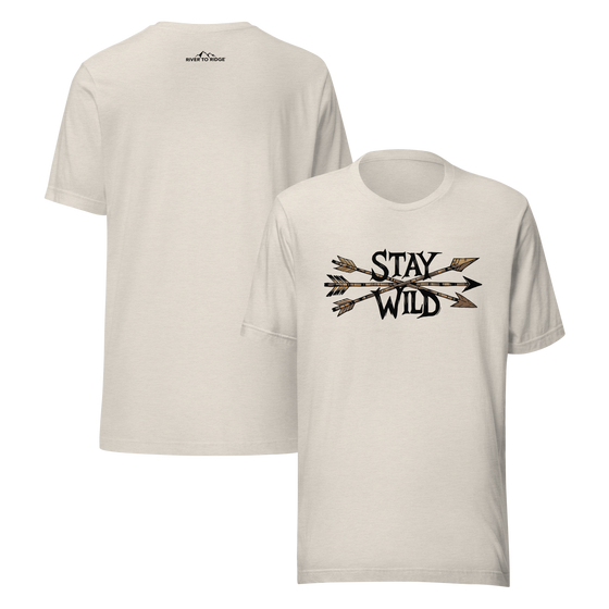 Product mockup of a River to Ridge Clothing Brand T Shirt for Women with the Stay Wild Archery Bowhunting Logo on it with traditional african arrows