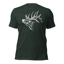  Mens T shirt in forest green with an elk logo on it in white