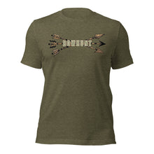  Product mockup of a River to Ridge Mens BOWHUNT T Shirt with traditional recurve bow arrows and the word bowhunt