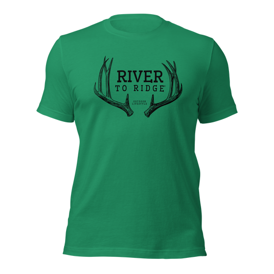River to Ridge Clothing Brand Mule Deer Antler Logo T shirt for Men in green