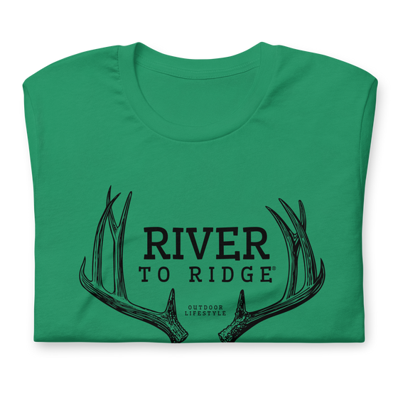 River to Ridge Clothing Brand Mule Deer Antler Logo T shirt for Men in green