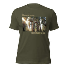  Product mockup of a Christian Camo Cross T Shirt that says Praise His Name from the River to the Ridge, Jesus 