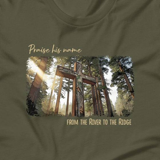 Praise His Name, River to Ridge Christian Outdoors Camo Cross T-Shirt, Unisex