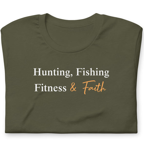 Folded green t-shirt with text 'Hunting, Fishing, Fitness & Faith' on a white background