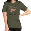 Person wearing a green t-shirt with a deer graphic and text on a white background