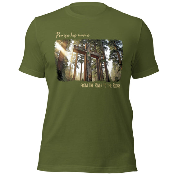 Product mockup of a Christian Camo Cross T Shirt that says Praise His Name from the River to the Ridge, Jesus 