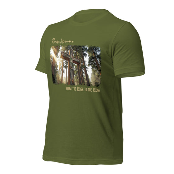 Product mockup of a Christian Camo Cross T Shirt that says Praise His Name from the River to the Ridge, Jesus 