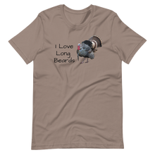  Womens I love long beards T shirt in pebble brown with a drawing of a turkey gobbler strutting on it, from River to Ridge Brand