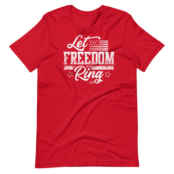 Let Freedom Ring T shirt for women in red for 2A, 1776, from River to Ridge Clothing Brand