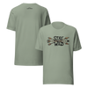 Product mockup of a River to Ridge Clothing Brand T Shirt for Women with the Stay Wild Archery Bowhunting Logo on it with traditional african arrows