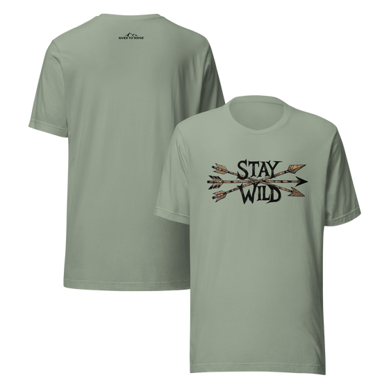 Product mockup of a River to Ridge Clothing Brand T Shirt for Women with the Stay Wild Archery Bowhunting Logo on it with traditional african arrows