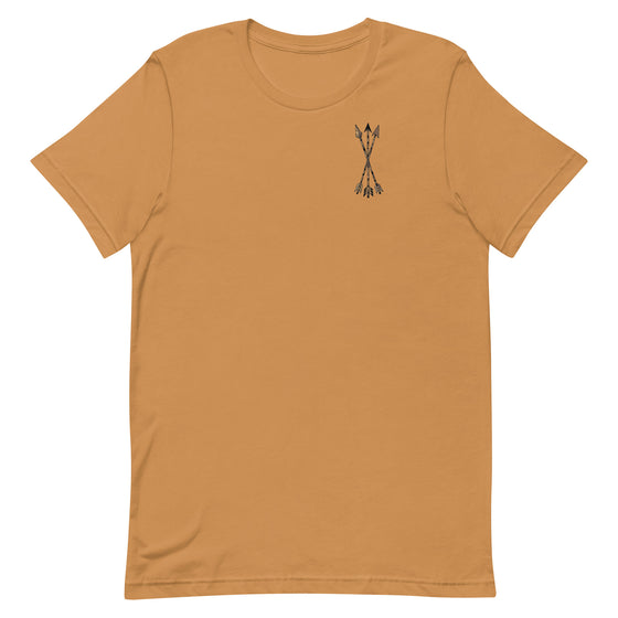 Product mockup of a River to Ridge Clothing Brand Womens Traditional Archery T shirt with small trad recurve arrows on the upper left chest