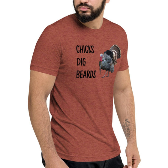 Chicks Dig Beards, Funny Turkey Hunting Logo T shirt from River to Ridge Clothing brand with a strutting Tom on it