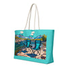 Product mockup of a tote bag in turquoise from river to ridge clothing