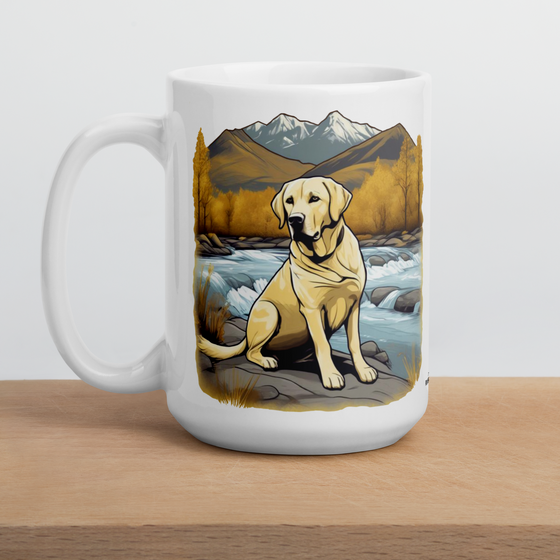 Product mockup of a River to Ridge Clothing Brand Yellow Lab Coffee Mug with a dog sitting by a river and mountains in the background