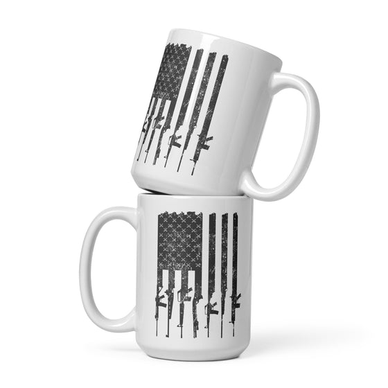 River to Ridge Coffee Mugs stacked on top of each other in white with a black rifle gun logo with the USA flag and bullets