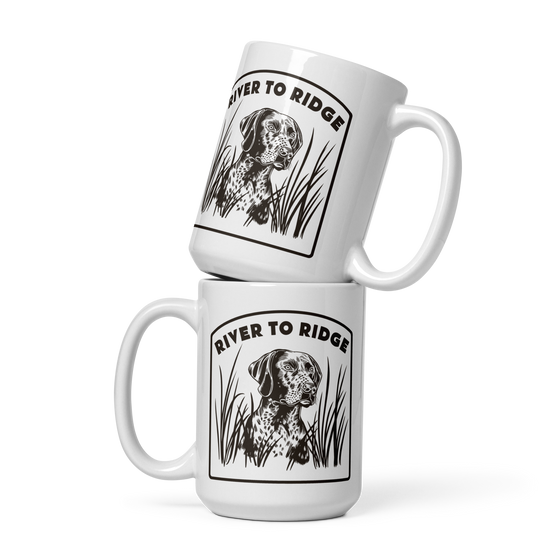 Product mockup of a Hunting Dog Waterfowl coffee mug from River to Ridge Clothing Brand in white and brown