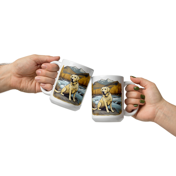 Product mockup of a River to Ridge Clothing Brand Yellow Lab Coffee Mug with a dog sitting by a river and mountains in the background