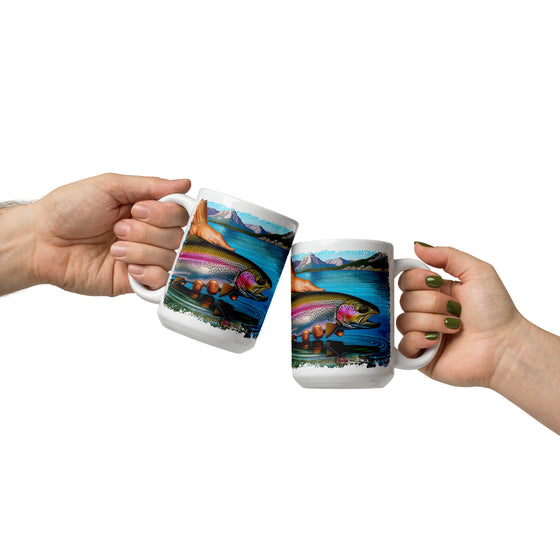 Product mockup of a River to Ridge Clothing Brand Trout Fishing large coffee mug with a rainbow trout being held above the river in bright colors