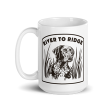  Product mockup of a Hunting Dog Waterfowl coffee mug from River to Ridge Clothing Brand in white and brown