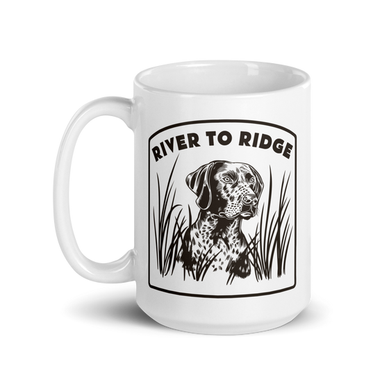 Product mockup of a Hunting Dog Waterfowl coffee mug from River to Ridge Clothing Brand in white and brown