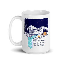  Product mockup of a Christian Outdoor Lifestyle Coffee Mug from River to Ridge Clothing Brand with a mountain scene and tent and uplifting words.